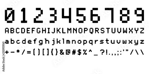 Digital Display of Alphanumeric Characters and Symbols in Pixelated Font Style Featuring Typeface, Letters, Numbers with Signs