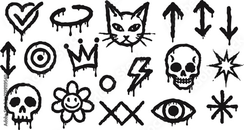 Foto Graffiti icons with dripping paint effect in black isolated on white background