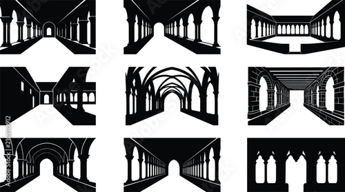 Photos Collection of Gothic cloister and corridor silhouettes
