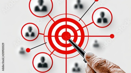 A finger pointing to a target symbol connected to employee icons on white. Business recruitment or networking strategy.