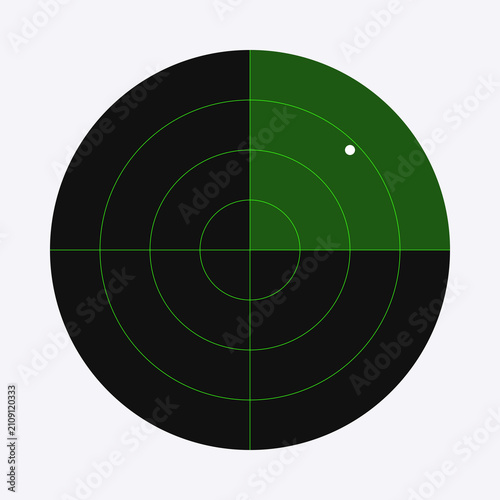 Digital green sonar radar screen showing a single white target signal on black background illustration