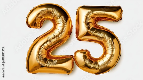 Shiny gold metallic foil balloons in the shape of number 25, isolated on white background. Perfect for birthday.