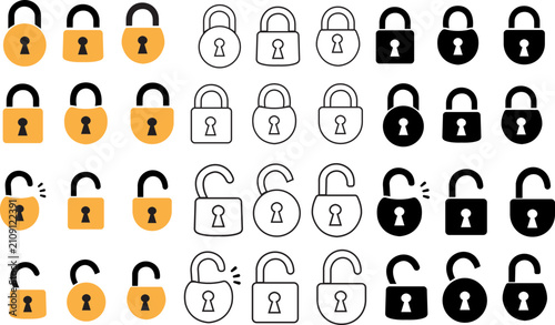Padlock lock unlock security icons set. Safe access password protect keyhole symbol collection. Yellow, black outline, filled flat vector.
