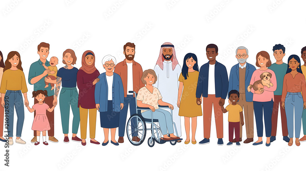 Obraz premium Diverse multicultural group of people including seniors, adults, children, and a person in a wheelchair