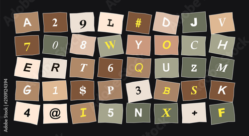 Fotografía Abstract image featuring a playful arrangement of colorful letter and number tiles scattered across a dark background