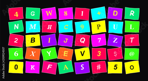 фотографія Abstract image featuring a playful arrangement of bright letter and number tiles scattered across a dark background