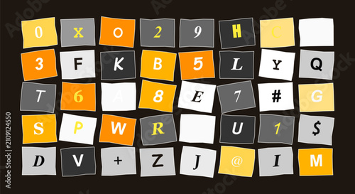 Fotografía Abstract image featuring a playful arrangement of monochrome letter and number tiles scattered across a dark background