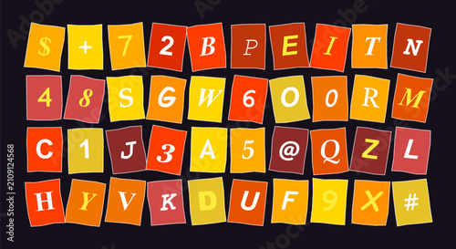 Fotografía Abstract ransom note alphabet design with various numbers letters and special characters on scattered rectangular papers