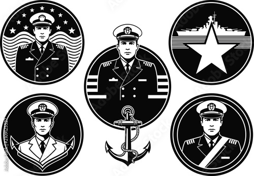 Bild auf Leinwand Naval officer emblem illustration, maritime symbols, battleship silhouette, anch