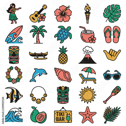 Hawaiian Tropical Island Icon Set Flat Vector Graphics