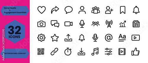32 line icons for social media engagement a premium icons set for modern design
