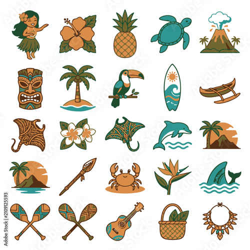 Hawaiian Tropical Island Icons Collection Vector Illustration