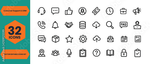 Customer support crm premium icons set 32 line icons for business communication