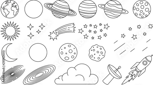 Twenty-one black and white line of planets sun moon stars comet satellite Transparent Background
