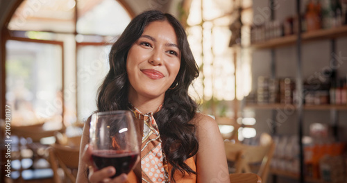 Cuadro en lienzo Thinking, wine and woman in restaurant with smile, mindfulness and happy memory on weekend break