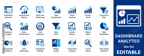 Dashboard and Data Analytics Icon Set. Business Intelligence, Performance Tracking, Financial Reports, and UI UX Design