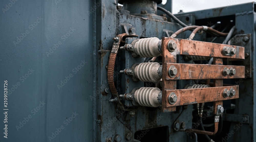 Fototapeta premium Detailed view of copper busbars and ceramic insulators bolted onto industrial power transformer housing