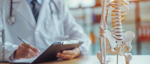 Doctor examines skeleton model for study.