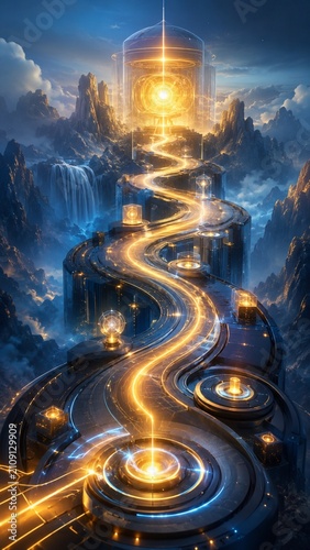 Vertical futuristic digital art of illuminated pathway leading to glowing orb amidst mystical mountainscape fantasy concept visualization