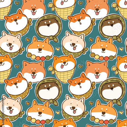 Seamless Pattern with Cute Cartoon Shiba Inu Dog Face Design on Dark Green Background. Hand Drawn Vector Illustration. 