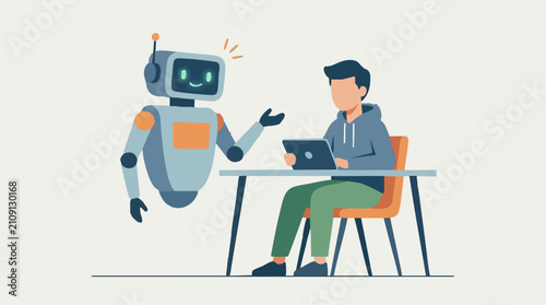 AI robot tutor assists young man with digital learning on a tablet