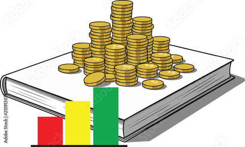 Business investment success concept, money coins stack on corporate ledger with progress graph