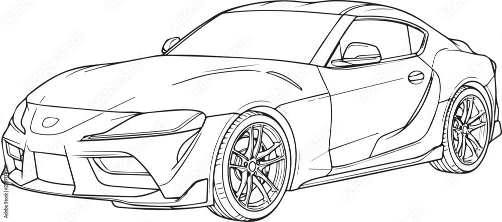 Fototapeta premium Sleek sports car speeding on open road. Stylish high-performance vehicle with aerodynamic design and modern wheels. Futuristic automobile concept f...