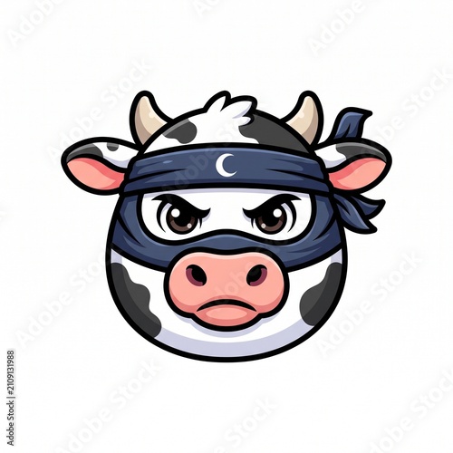 Ninja cow head vector illustration, cool cartoon cow wearing mask and headband, brave domestic farm animal icon isolated on white background