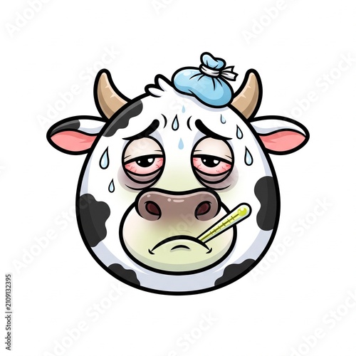 funny cow cartoon  sick cow head with thermometer and ice bag, tired unhealthy cow illustration
