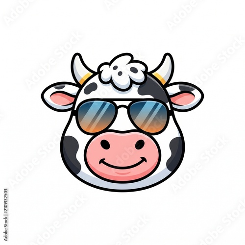Cute cow wearing sunglasses cartoon avatar logo vector illustration isolated on white background