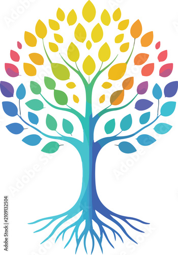 Colorful Tree of Life Vector Illustration with Vibrant Multicolored Leaves and Growing Roots