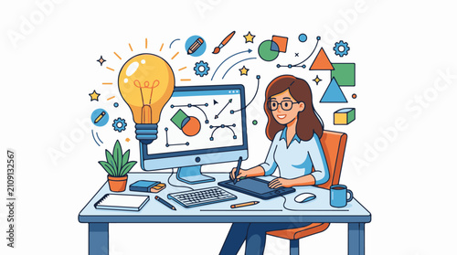 Creative designer at work with a bright idea lightbulb