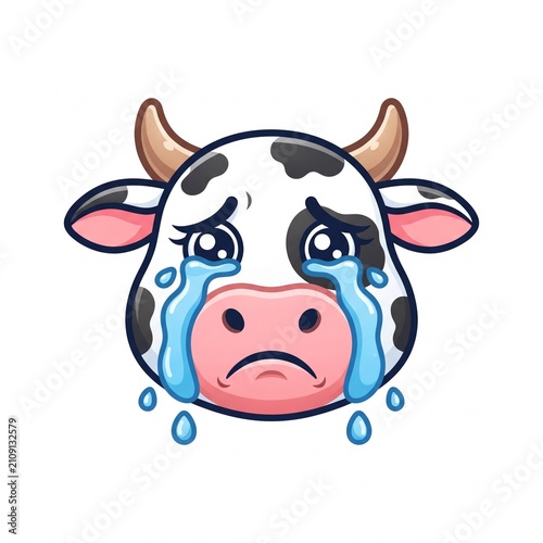 Cute cartoon cow head crying with tears streaming down face isolated on white background