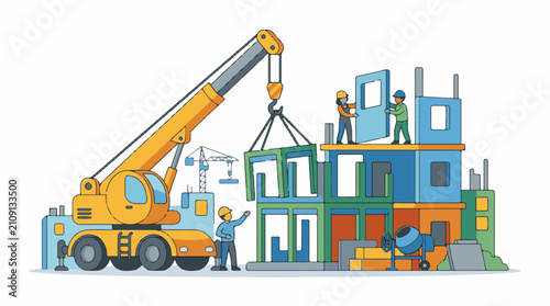 Construction workers use a crane and tools to build a colorful multi-story structure