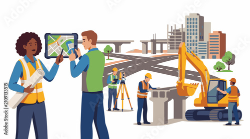 Construction workers using technology and heavy machinery on-site