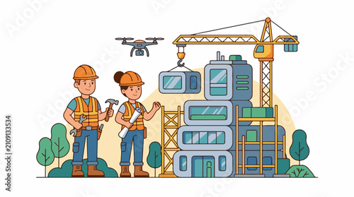 Construction workers with drone crane and modern building modules