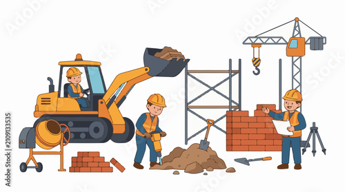 Construction workers using machinery and tools to build