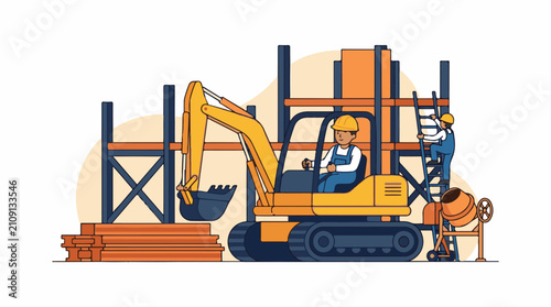 Construction workers with excavator and cement mixer at site