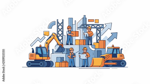 Construction workers with excavators and cranes building structures