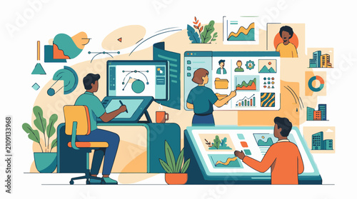 Creative team collaborates on digital designs and data analysis