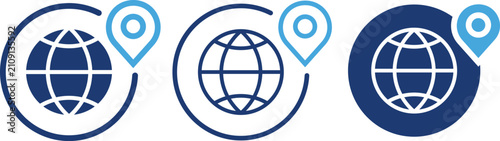 Global location icon. World map pin symbol. Geolocation sign. Simple pictogram for international address, GPS navigation, travel. Global location pin icon set featuring earth globe with map marker in 
