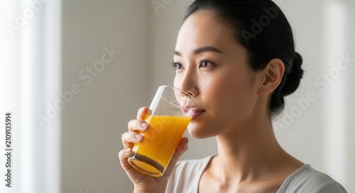 Woman drinking refreshing orange juice, healthy lifestyle, wellness