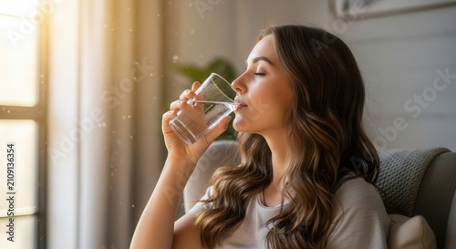 Woman drinking water from glass at home, enjoying healthy hydration and relaxation.