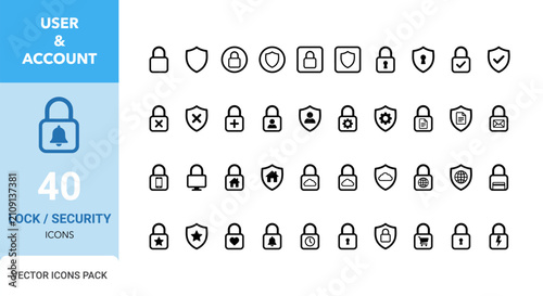 Ui ux basic icon pack 40 lock security user account vector icons