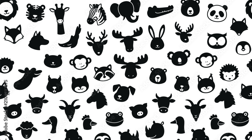 Obraz premium Cute baby animal faces silhouette seamless pattern vector black cartoon safari zoo farm forest backdrop template on white background