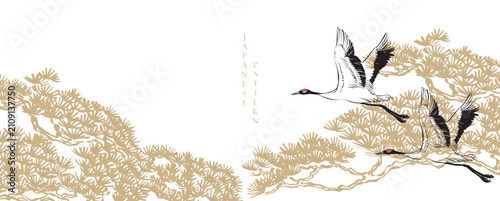Gold abstractbonsai tree branch and crane birds background with Chinese painting in Traditional style. Brush stroke vector	
