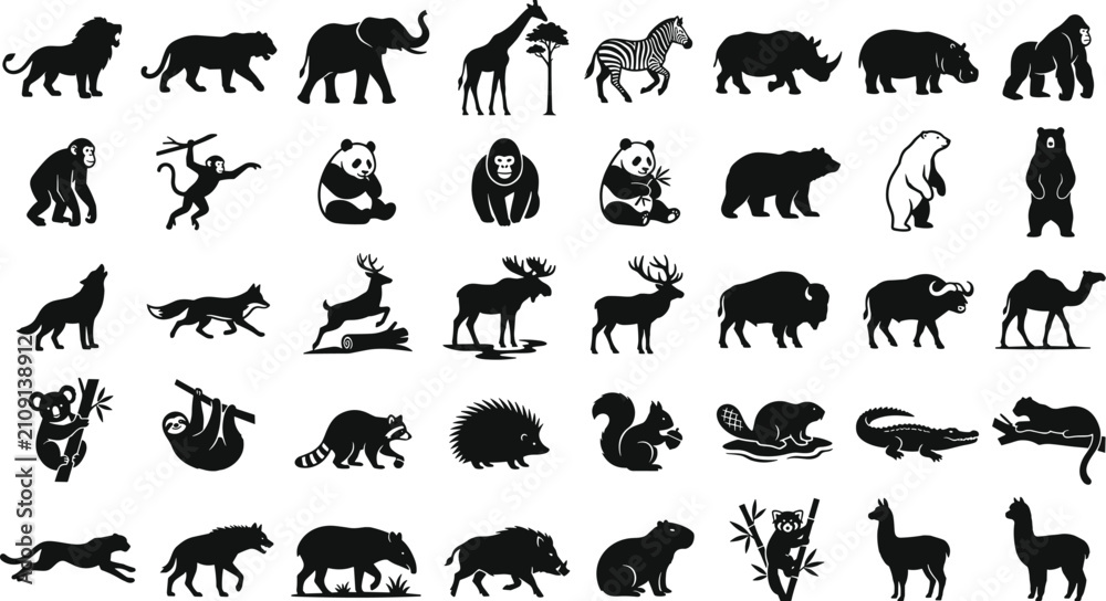 Obraz premium Wild animals silhouette collection vector black shapes safari zoo mammals big bundle set isolated on white background graphic elements