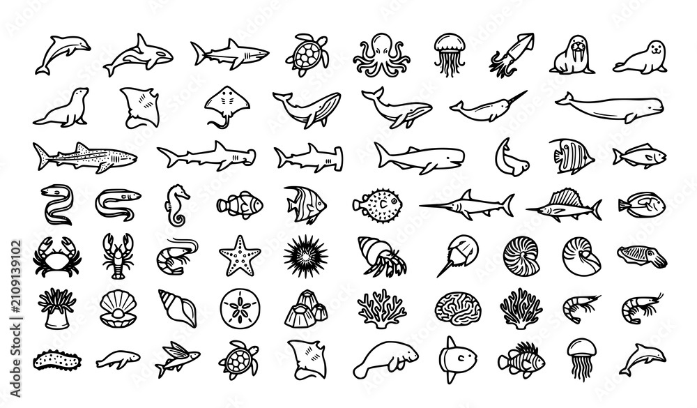 Obraz premium Ocean Wildlife Outline Icons Vector Set Featuring Marine Animals and Sea Life Collection