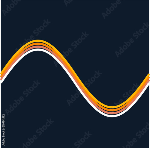 Minimalist retro abstract sine wave ribbon with orange yellow and white stripes on navy blue
