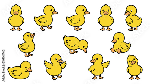 Collection of Cute Yellow Ducklings in Various Poses.